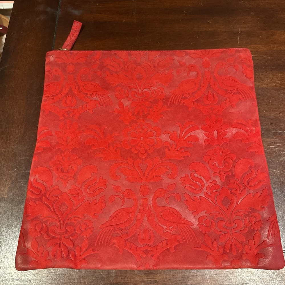 Red Suede Clare V. Clutch with Embossed Design